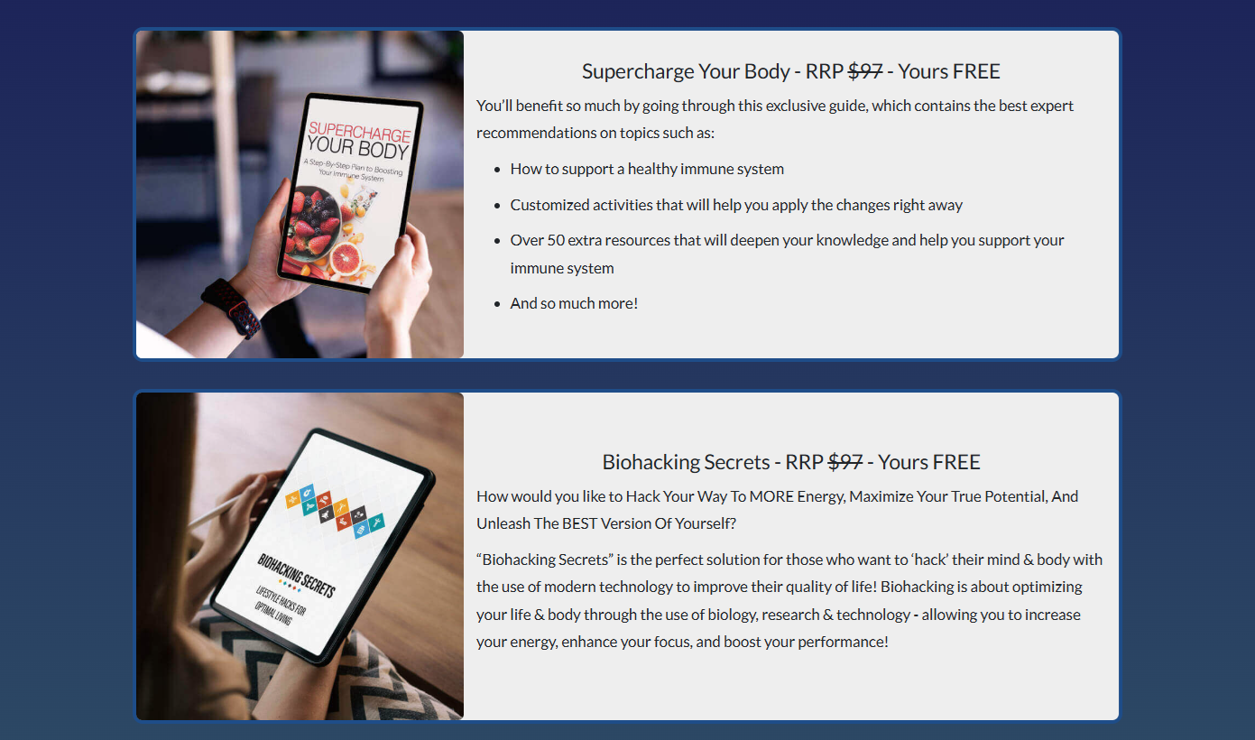 Free eBooks included with ProtoFlow 3-bottle and 6-bottle packages — Supercharge Your Body and Biohacking Secrets