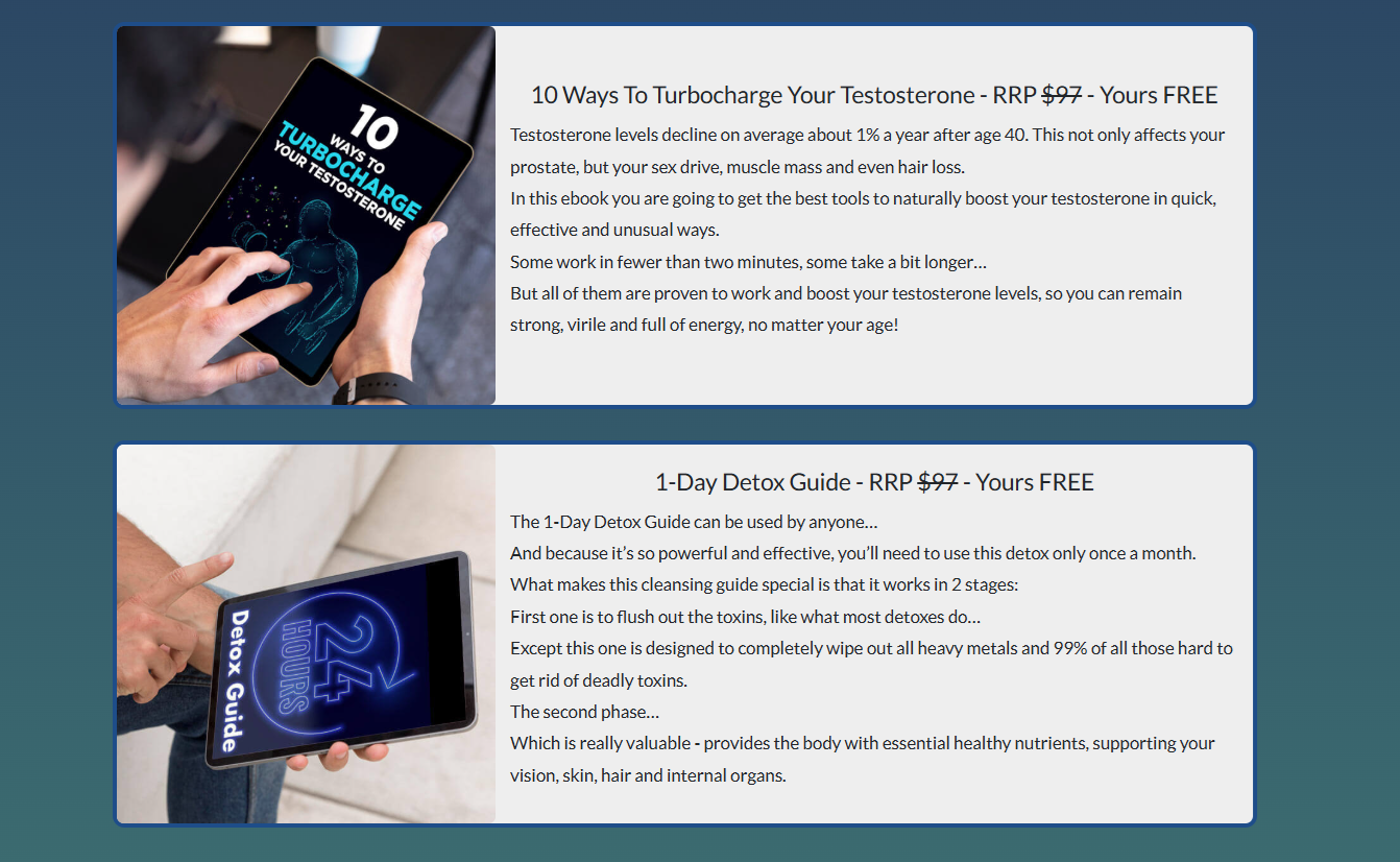Free eBooks included with ProtoFlow 3-bottle and 6-bottle packages — Turbocharge Your Testosterone and 1-Day Detox Guide